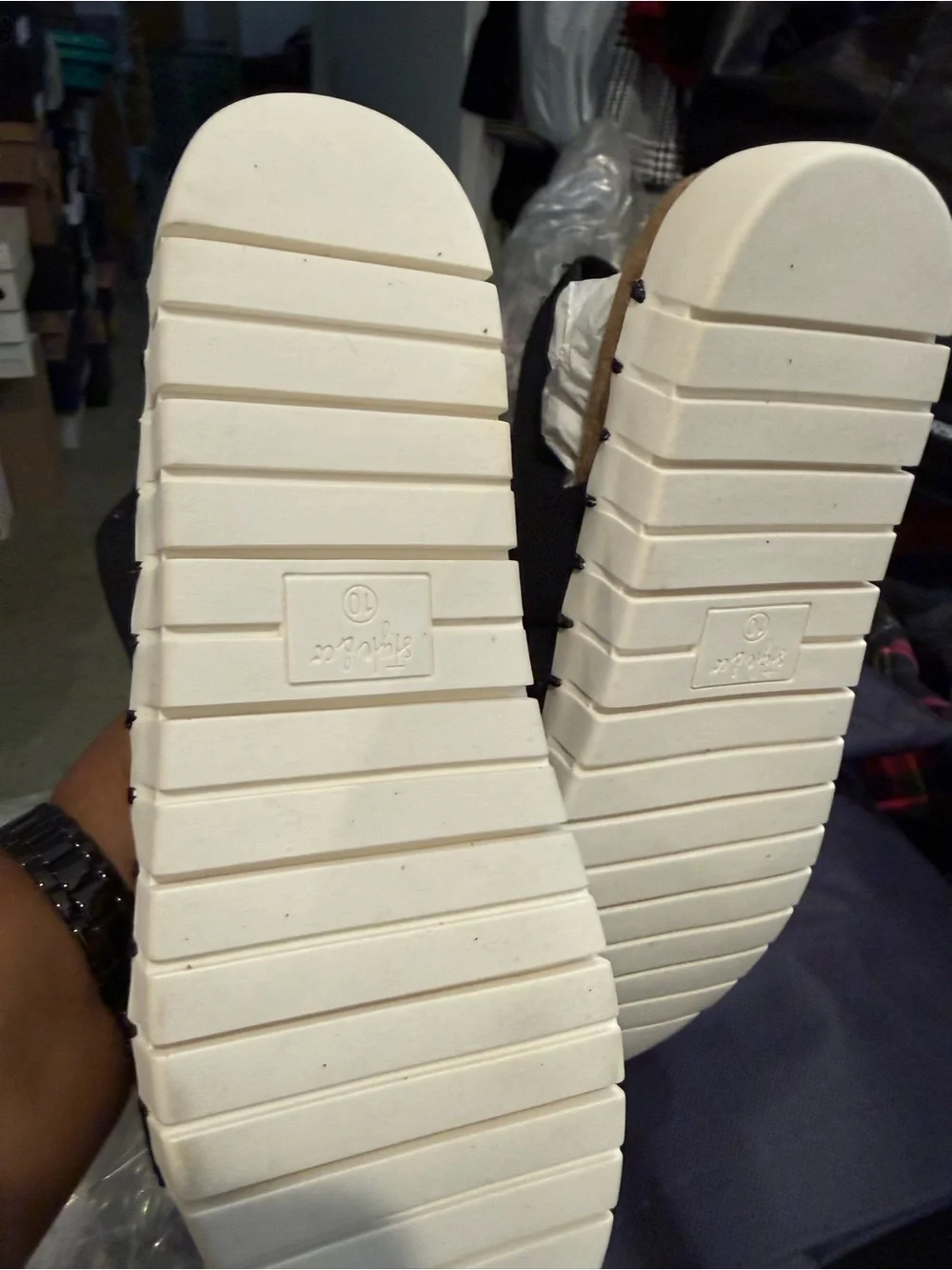New Style & Co Black stretch strap  Platform Sandals with White Trim